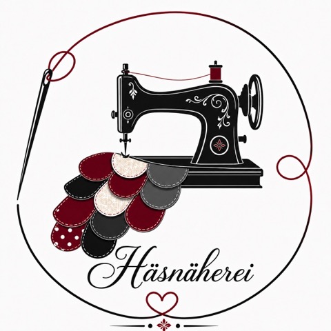 Emblem Häsnäherei mit Nähmaschine und Stoffproben