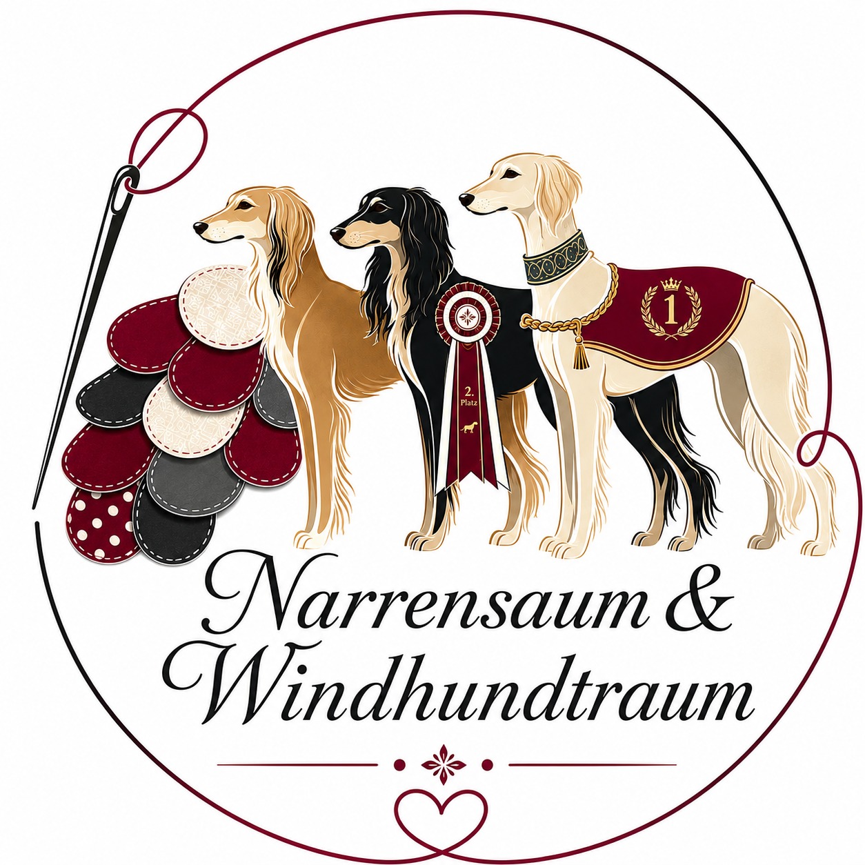 Logo Narrensaum & Windhundtraum mit drei Windhunden, Nadel und Stoffproben