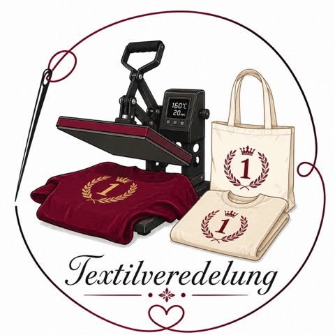 Emblem Textilveredelung mit Transferpresse und bedruckten Textilien