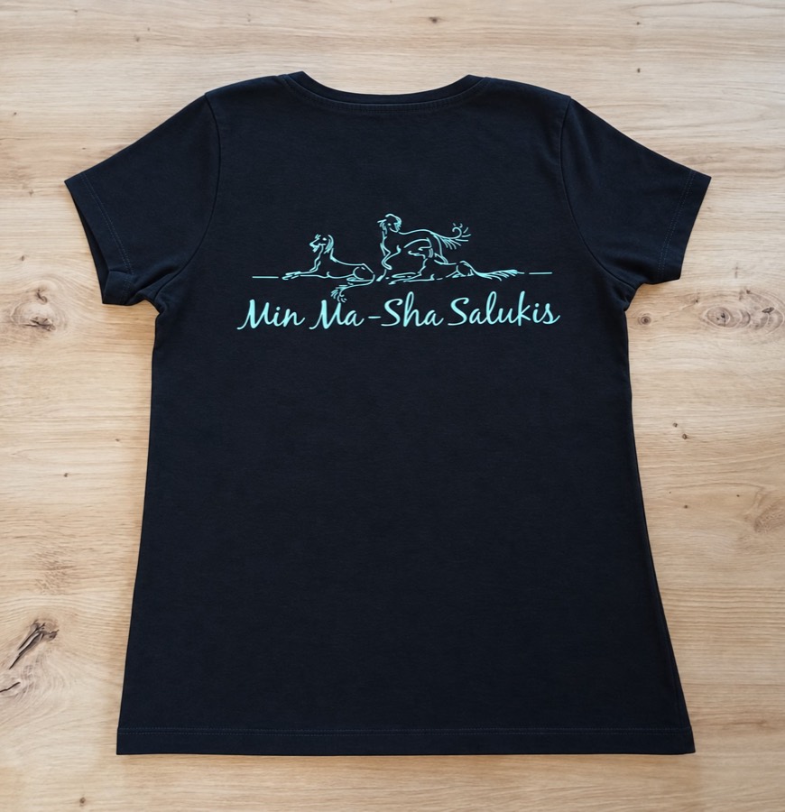 Schwarzes Shirt mit türkisem Aufdruck von drei Salukis und dem Schriftzug Min Ma-Sha Salukis